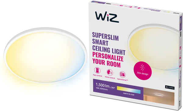 WiZ SuperSlim -loftlampe, rund, hvid, 16 W, justerbar hvidt lys, Wi-Fi.