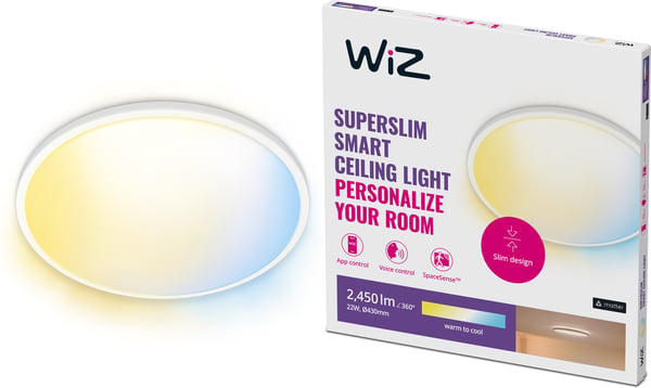WiZ SuperSlim -loftlampe, 43 cm, rund, hvid, justerbar hvid, Wi-Fi