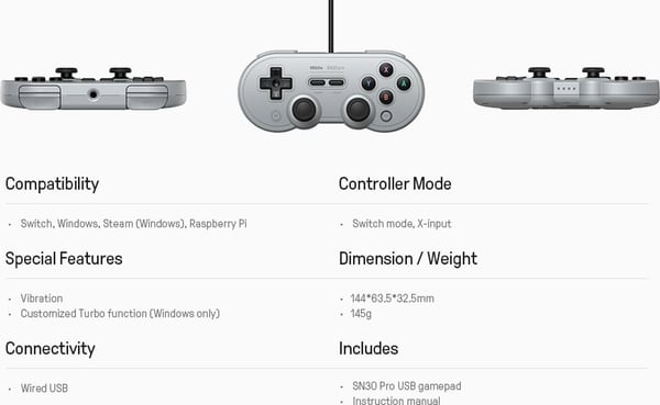 8BitDo SN30 Pro USB spilcontroller, grå, Switch / PC