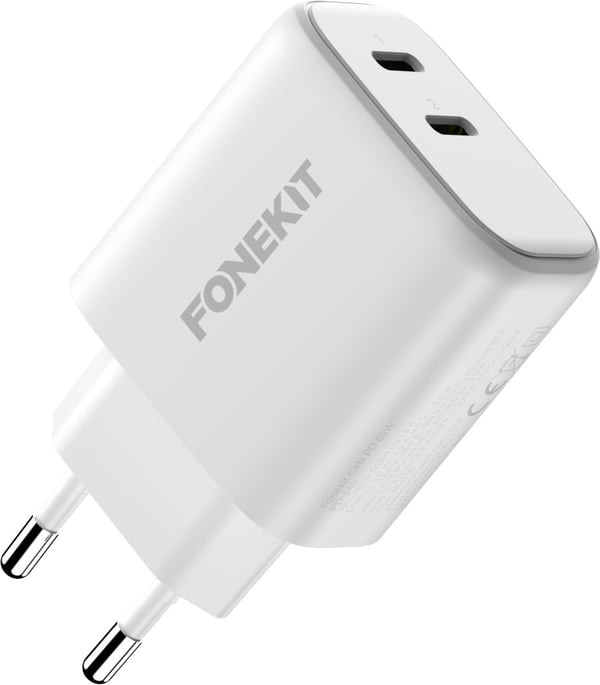 FoneKit GaN PD 65W -väggladdare, USB-C + USB-C, vit