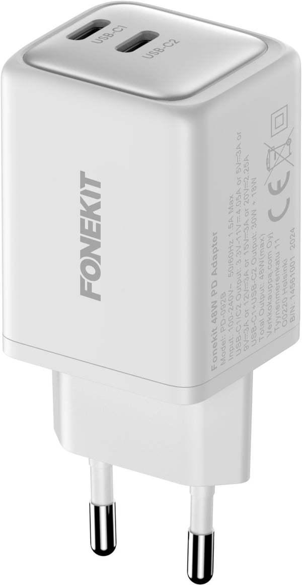 FoneKit GaN PD 48W - nätadapter, USB-C + USB-C, vit