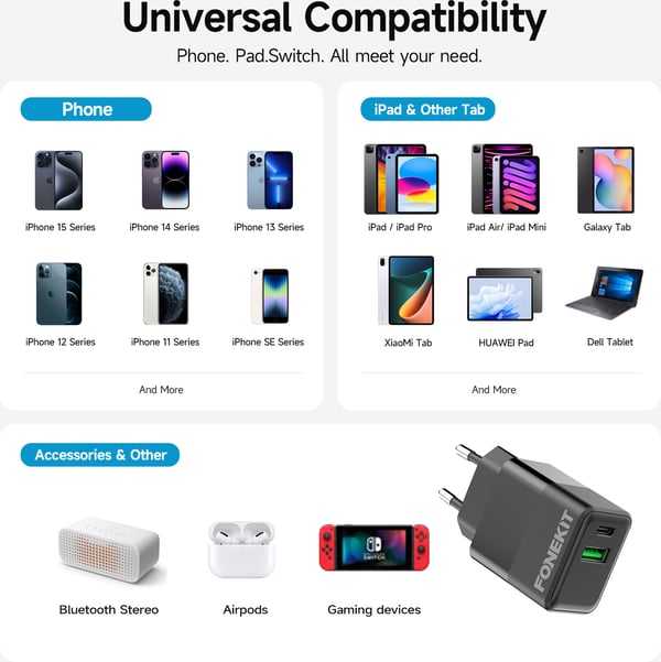 FoneKit Double 20W laddare, USB-C + USB-A, svart