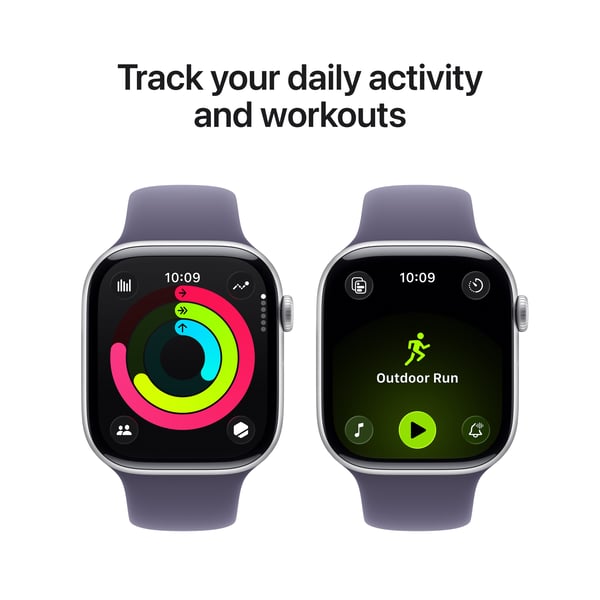 Apple Watch Series 11 (GPS) 46 mm silver aluminiumhölje och dimviolett sportarmband, M/L