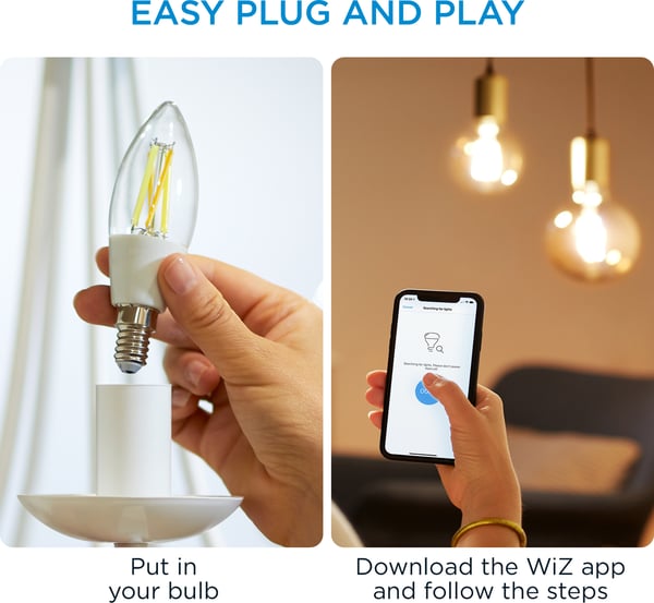 WiZ smartlampe, E14, klart glas, tunable white - hvide lysfarver, Wi-Fi, 2700-6500 K, 470 lm