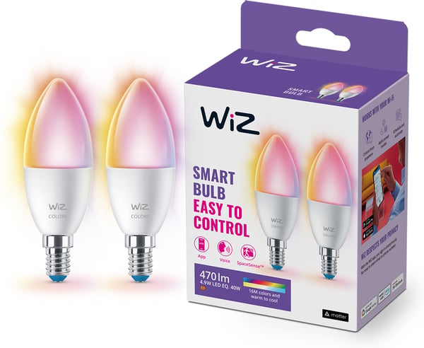 WiZ smartlampe, E14, RGBW - alle farver og nuancer af hvidt lys, Wi-Fi, 470 lm, 2-pak