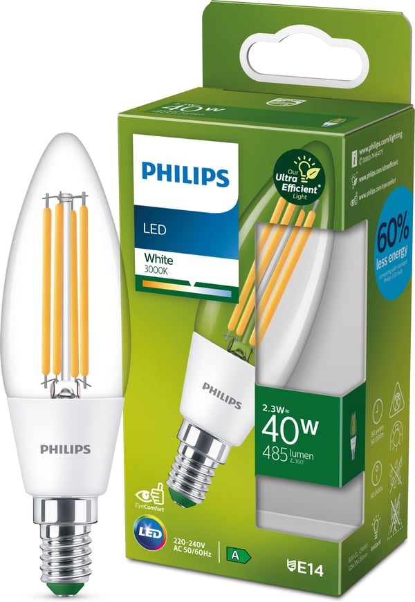 Philips Ultra Effektiv LED-lys, E14, 3000K, 485 lm, klar overflade