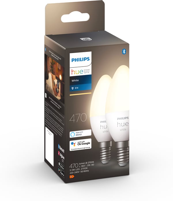 Philips Hue -LED-smartlampa multipack, BT, White, E14, ljusstakensformad, 2 st förpackning
