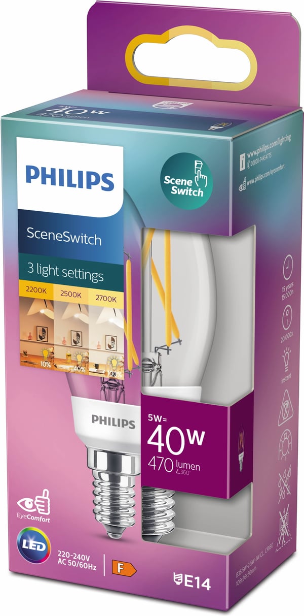 Philips SceneSwitch LED-kronelyslampe, E14, 470 lm, 2200-2700 K