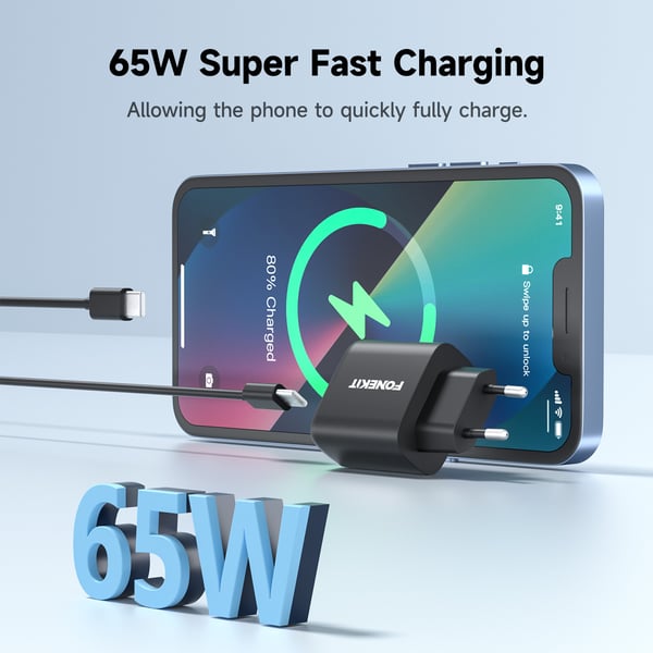 FoneKit GaN PD 65W laddare, USB-C, svart