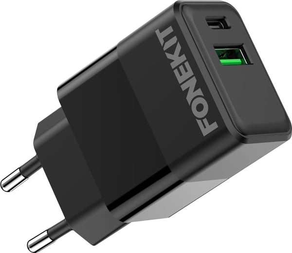 FoneKit Double 20W laddare, USB-C + USB-A, svart