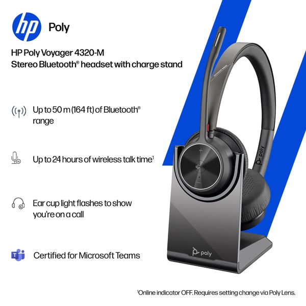Poly Voyager 4320-M Bluetooth-headset med laddningsställ, Microsoft Teams-certifierad