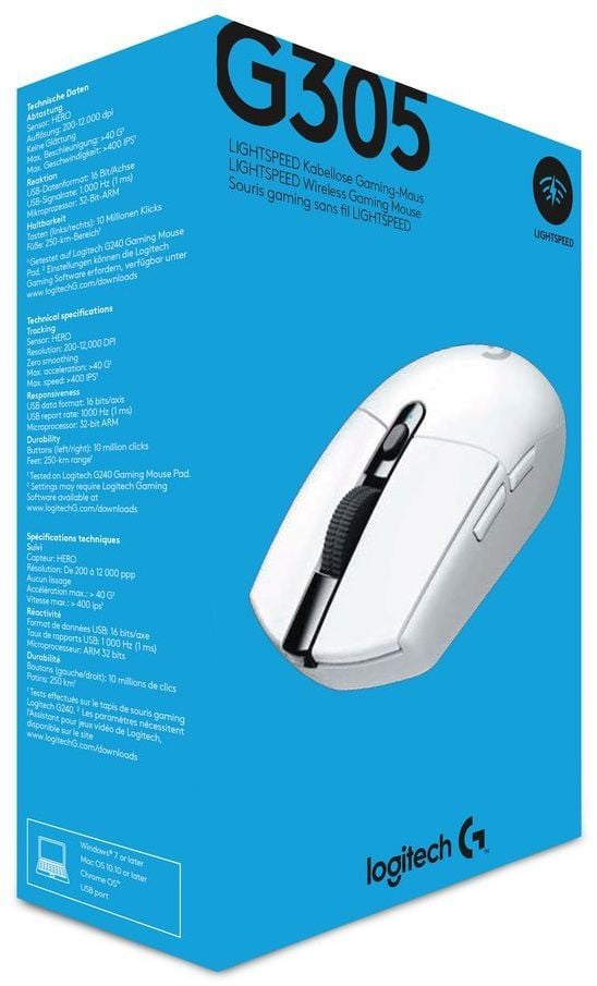 Logitech G305 -trådlös LIGHTSPEED-spelmus, vit