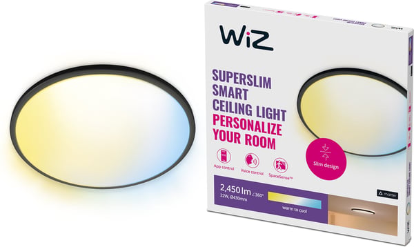 WiZ SuperSlim -loftslampen, 43 cm, rund, sort, justerbar hvid, Wi-Fi