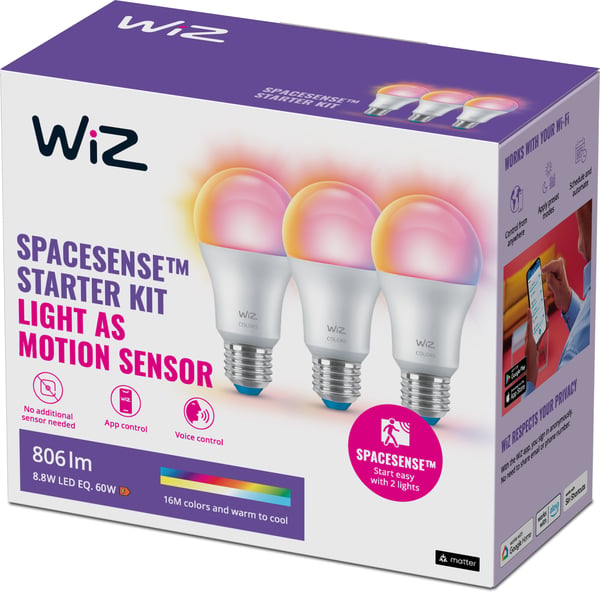 WiZ smartlampe, E27, A60, RGB, Wi-Fi, 2200-6500 K, 806 lm, mat, 3 stk.