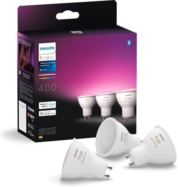 Philips Hue -LED-smartpære, BT, Hvid og farvet ambiance, GU10, 4,2 W, 3-pak
