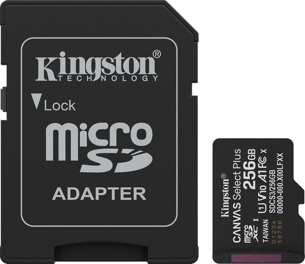 Kingston 256 GB Canvas Select Plus Gen3 UHS-I microSD minneskort + SD adapter