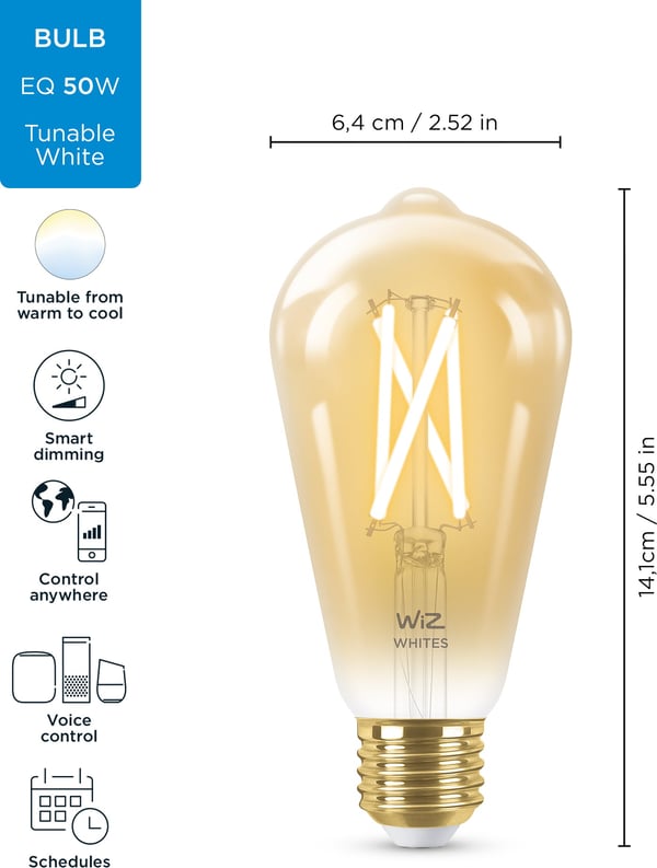 WiZ smartlampe, E27, amberfarvet glas - hvidt lys nuancer, Wi-Fi, 2000-5000 K, 640 lm
