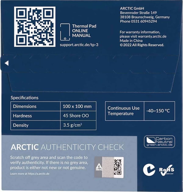 ARCTIC TP-3 värmedyna, 100 x 100 mm, 0,5 mm, 1 st