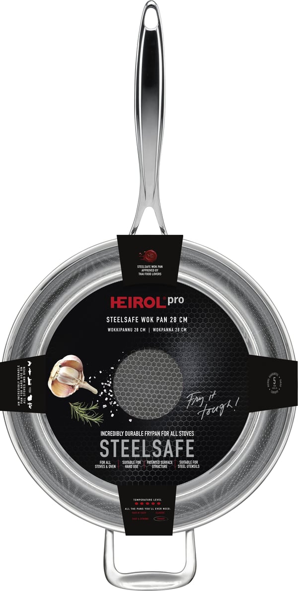 Heirol Pro Steelsafe -wok pande, rustfrit stål + non-stick belægning, 28 cm