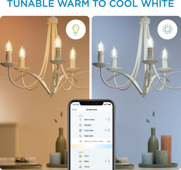 WiZ smartlampe, E14, klart glas, tunable white - hvide lysfarver, Wi-Fi, 2700-6500 K, 470 lm
