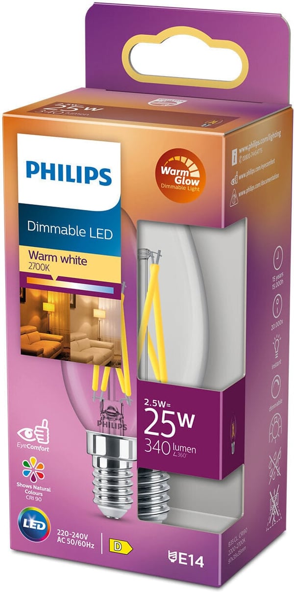Philips Warm Glow LED-lys, E14, 2200-2700 K, 340 lm, dæmpbar, klar overflade