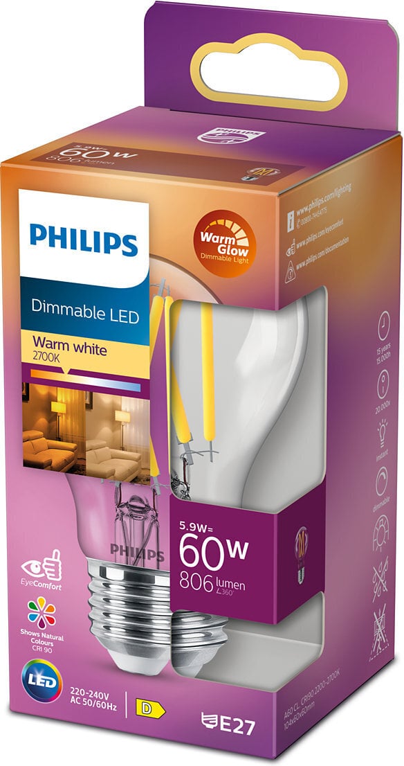 Philips Warm Glow LED-lampe, E27, 2700 K, 806 lm, CRI 90