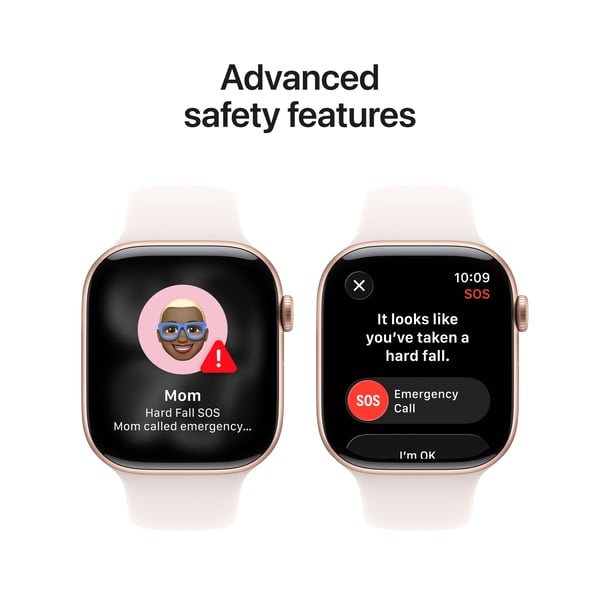Apple Watch Series 11 (GPS) 46 mm roseguldfärgad aluminiumhölje och sportarmband i rött, M/L