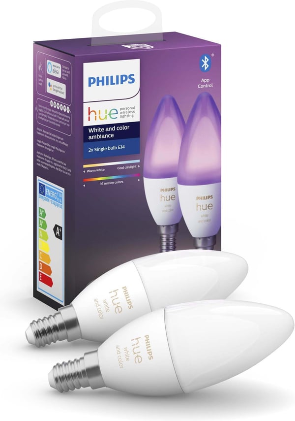Philips Hue White and Color Ambiance -LED-pære, BT, E14, 470 lm, 2 stk. pakke