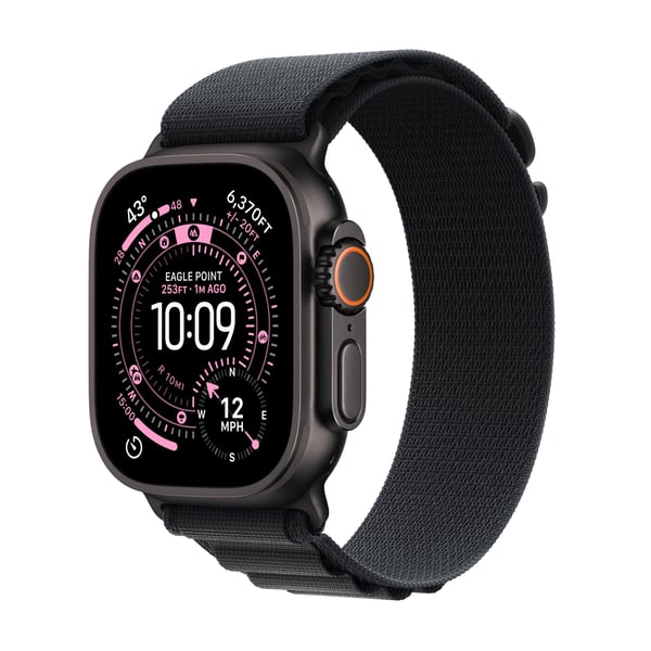 Apple Watch Ultra 3 (GPS + Cellular) 49 mm svart titanboett och svart Alpine-armband, stor