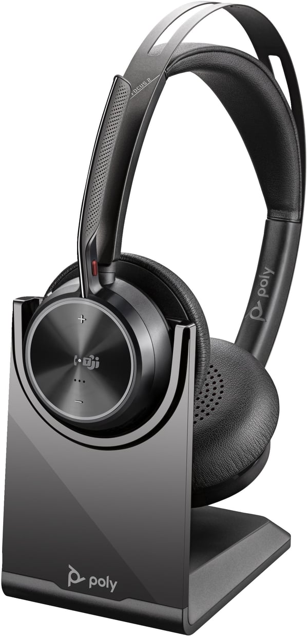 Poly Voyager Focus 2 -Bluetooth-høretelefoner med mikrofon og ladestation, Microsoft Teams-certificeret