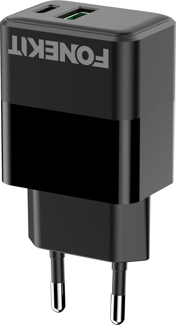 FoneKit Double 20W laddare, USB-C + USB-A, svart