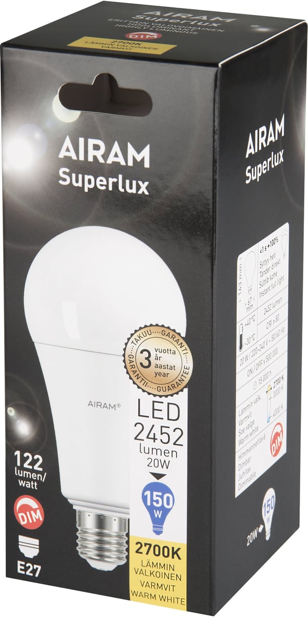 Airam Superlux 20 W kuppellampe DIM, E27, 2700 K, 2452 lm