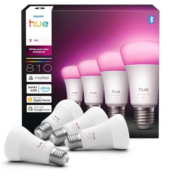 Philips Hue LED-smartlampa, Vit och färgambians, E27, 810 lm, 4-pack