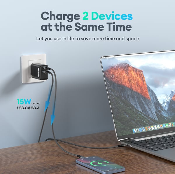 FoneKit Double 20W laddare, USB-C + USB-A, svart