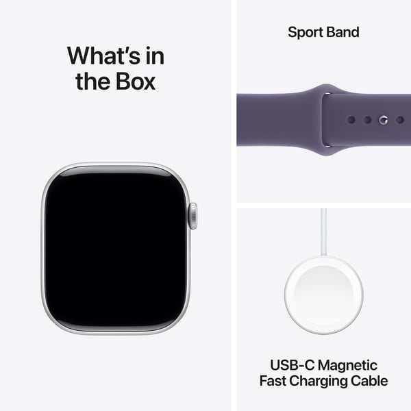 Apple Watch Series 11 (GPS) 46 mm silver aluminiumhölje och dimviolett sportarmband, M/L