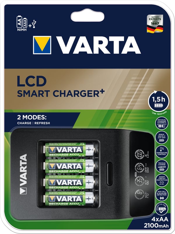 Varta LCD Smart Charger+ -opladningsenhed og 4 stk. AA (LR6) 2100 mAh batterier
