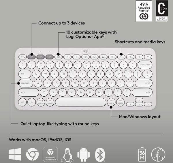 Logitech Pebble Keys 2 K380s -tastatur, hvidt