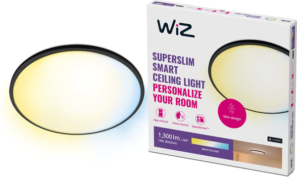 WiZ SuperSlim -taklampe, rund, sort, 14 W, justerbart hvidt lys, Wi-Fi