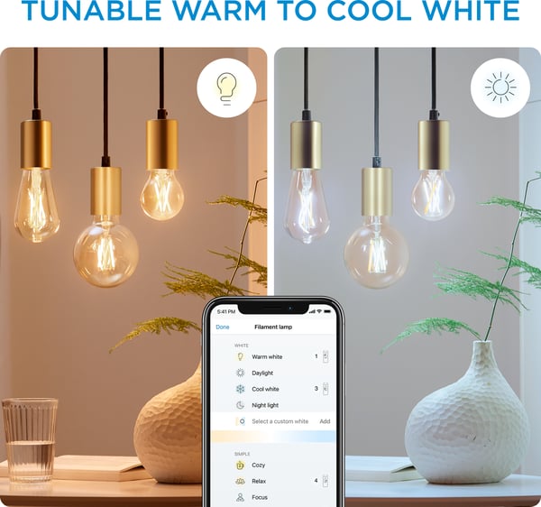 WiZ smartlampe, E27, amberfarvet glas - hvidt lys nuancer, Wi-Fi, 2000-5000 K, 640 lm