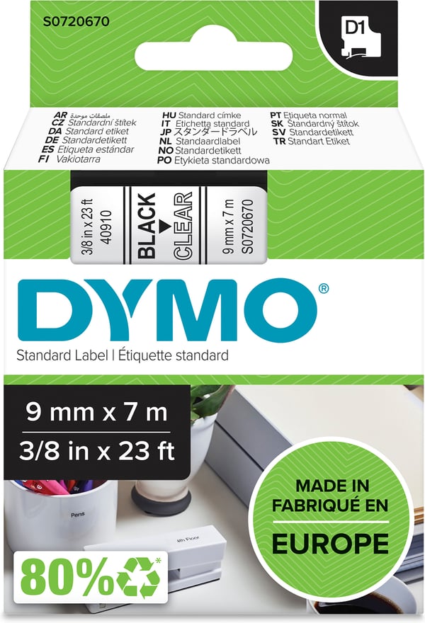 Dymo D1-tejp 9 mm x 7 m, svart på genomskinlig botten