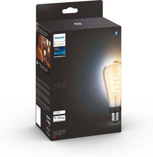 Philips Hue - filamentpære, White ambiance Filament Edison, E27, 550 lm