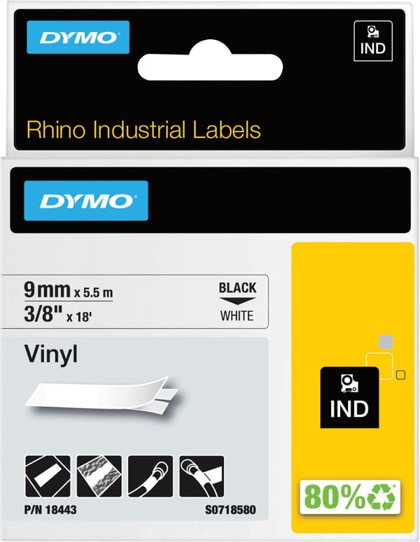Dymo Rhino Industrial -vinyltejp 9 mm x 5,5 m, svart med vit botten