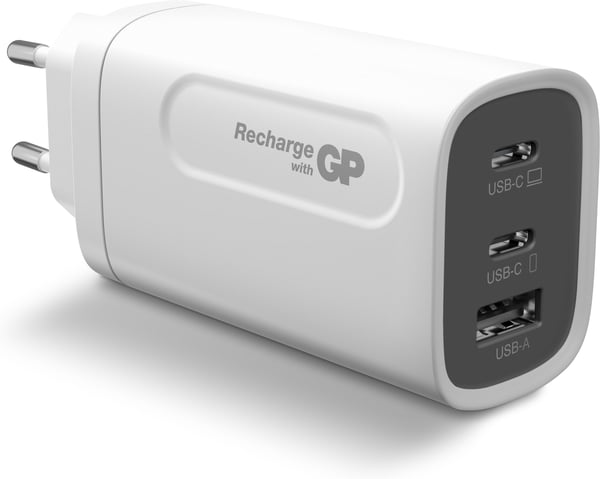 GP GaN PD 65 W netoplader, 2x USBC + 1x USBA, hvid