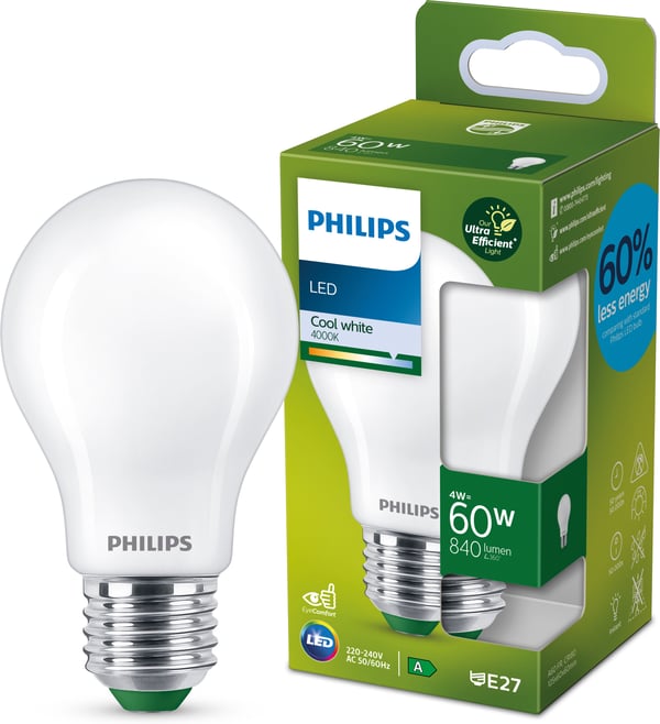 Philips Ultra Effektiv LED-lys, E27, 4000K, 840 lm, opaloverflade
