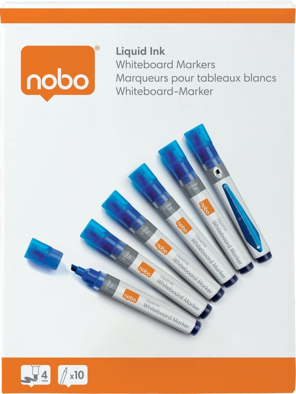Nobo Liquid Ink whiteboardpennor, snedspets, blå, 10 st