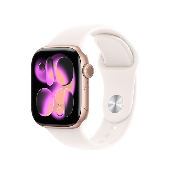 Apple Watch Series 11 (GPS + Cellular) 42 mm roséguld aluminiumkapsel och röd sportarmband, S/M