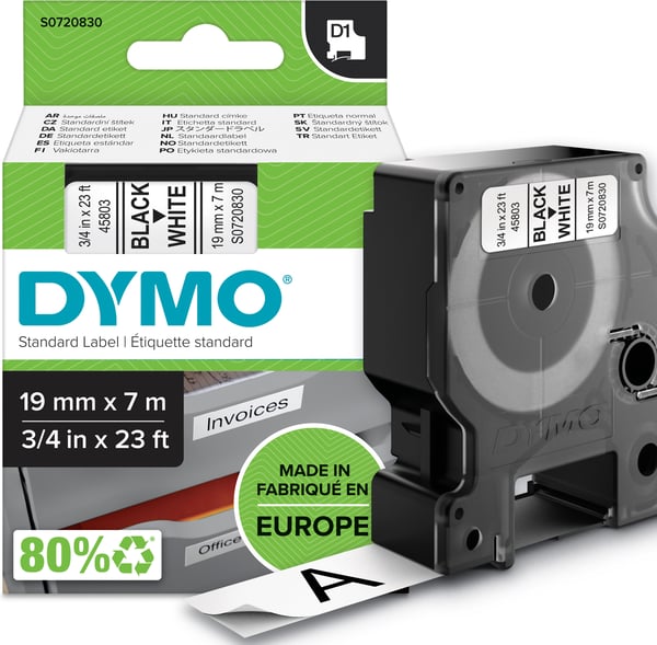 Dymo D1-tejp 19 mm x 7 m, svart på vit botten