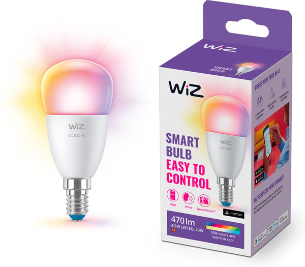 WiZ smartlampe, E27, opalglas, RGBW - alle farver og nuancer af hvidt lys, Wi-Fi, 470 lm