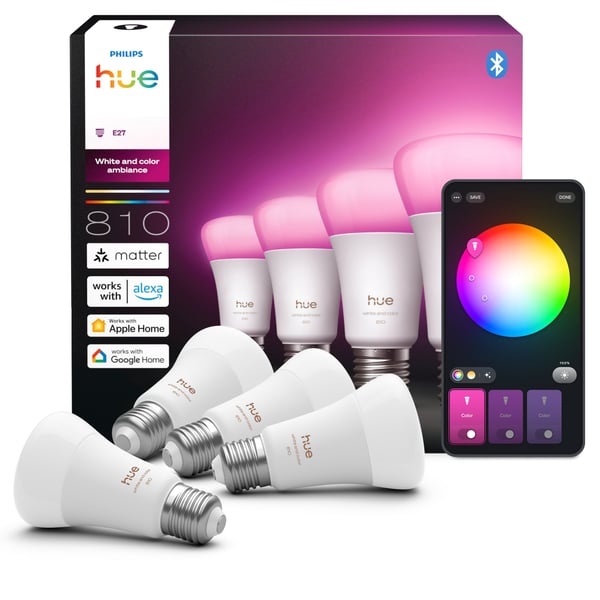 Philips Hue LED-smartlampa, Vit och färgambians, E27, 810 lm, 4-pack