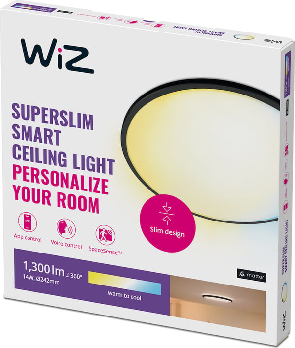 WiZ SuperSlim -taklampe, rund, sort, 14 W, justerbart hvidt lys, Wi-Fi